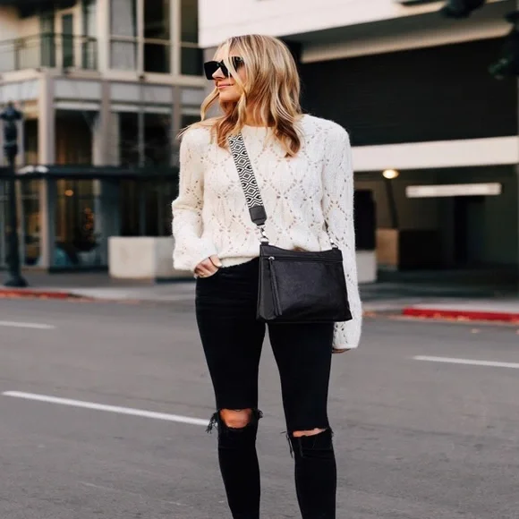 Women’s Black Crossbody Bag with Patterned Strap - Picture 2 of 6